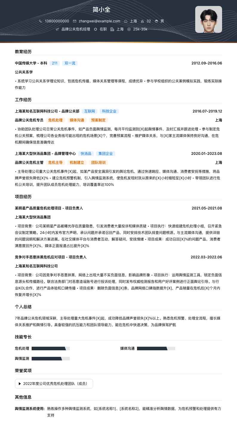 品牌公关危机简历模板