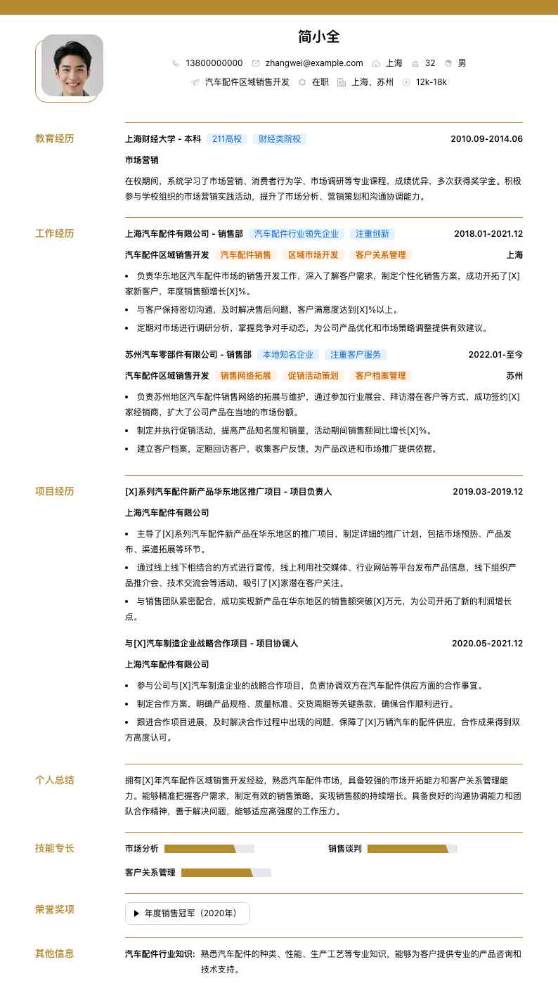 汽车配件区域销售简历模板