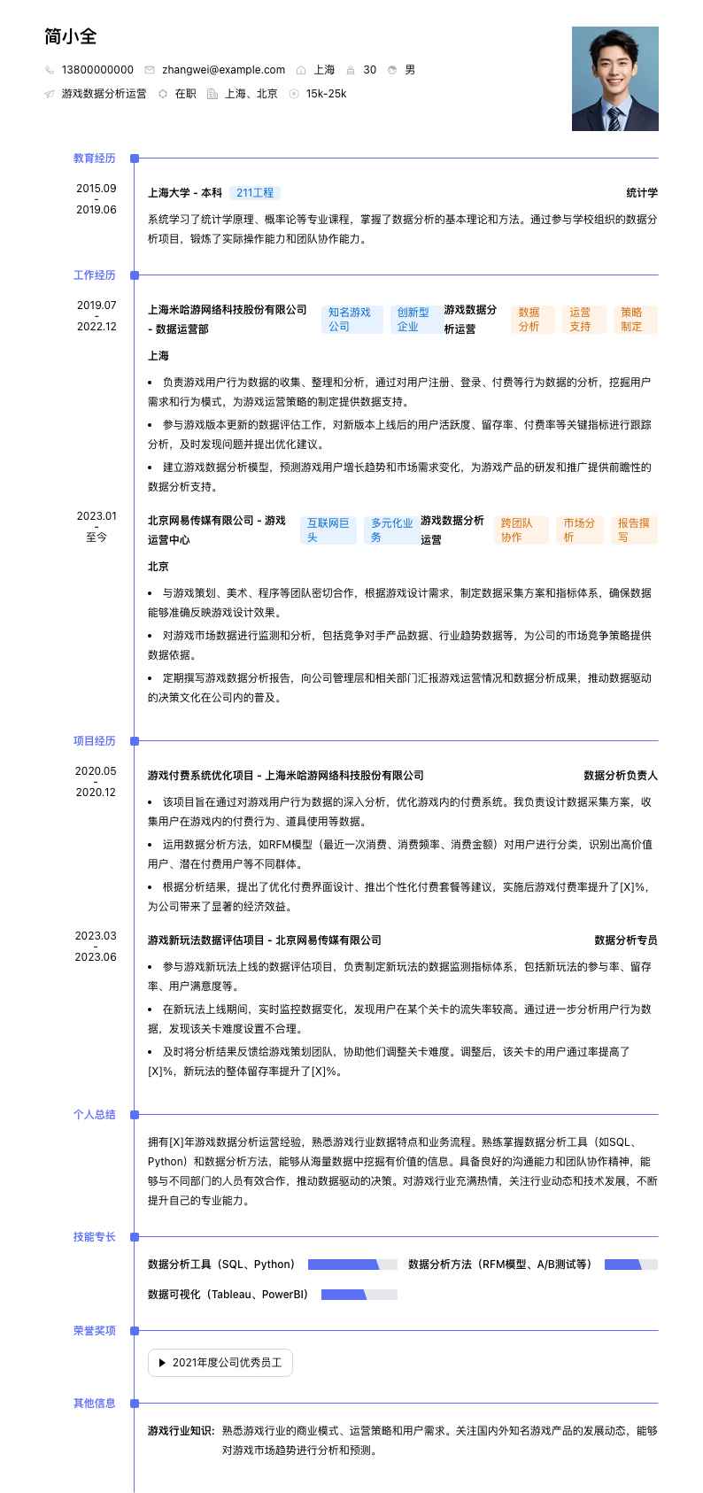 游戏数据分析运营简历模板