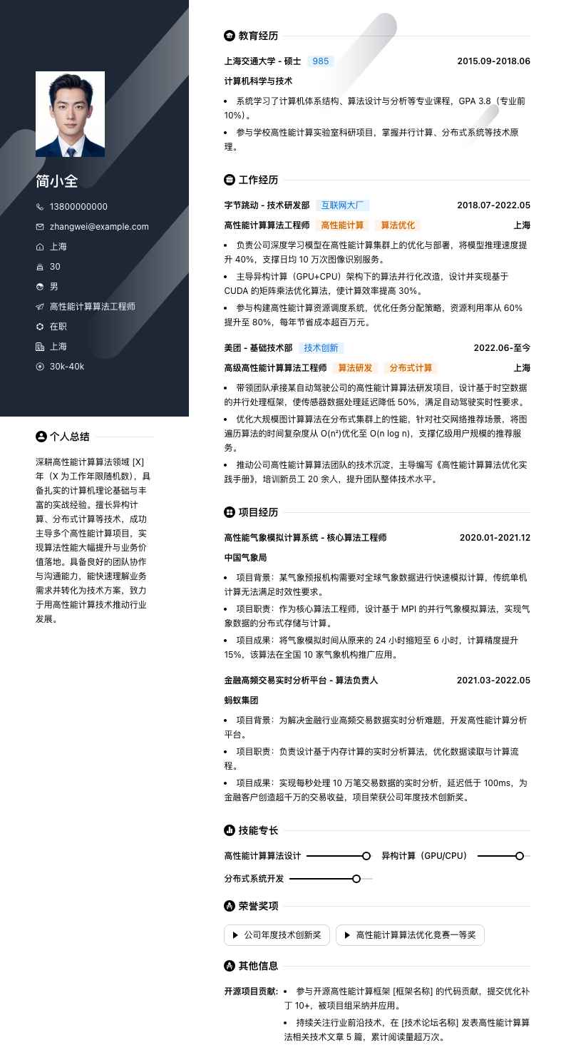 高性能计算算法工程师简历模板
