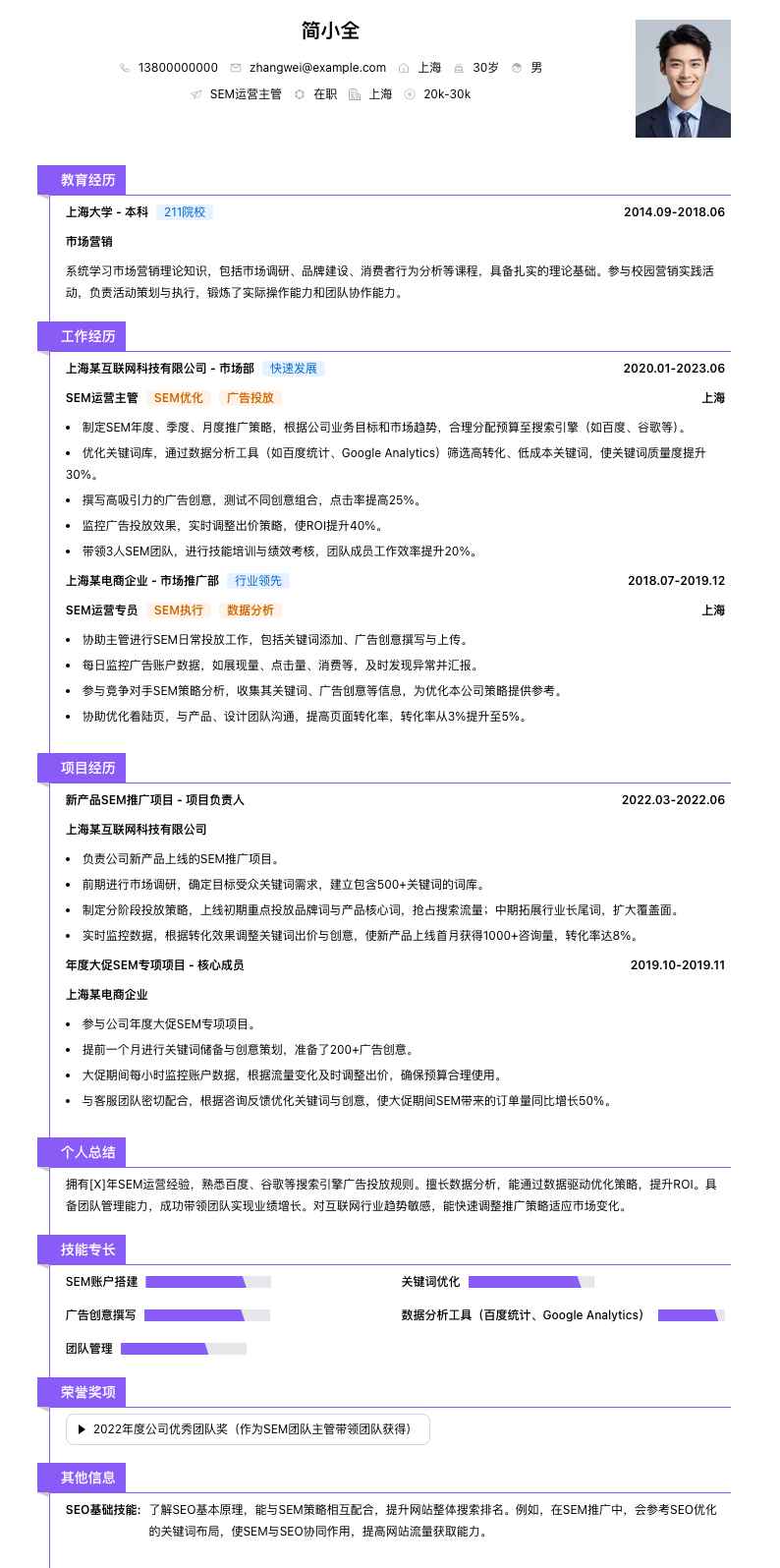 sem运营主管简历模板