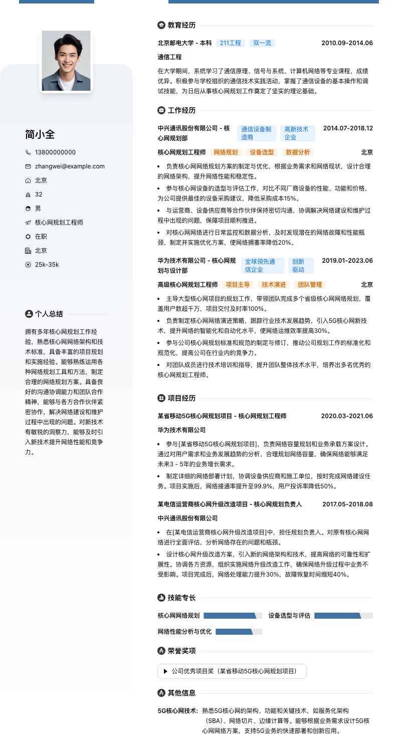 核心网规划工程师简历模板