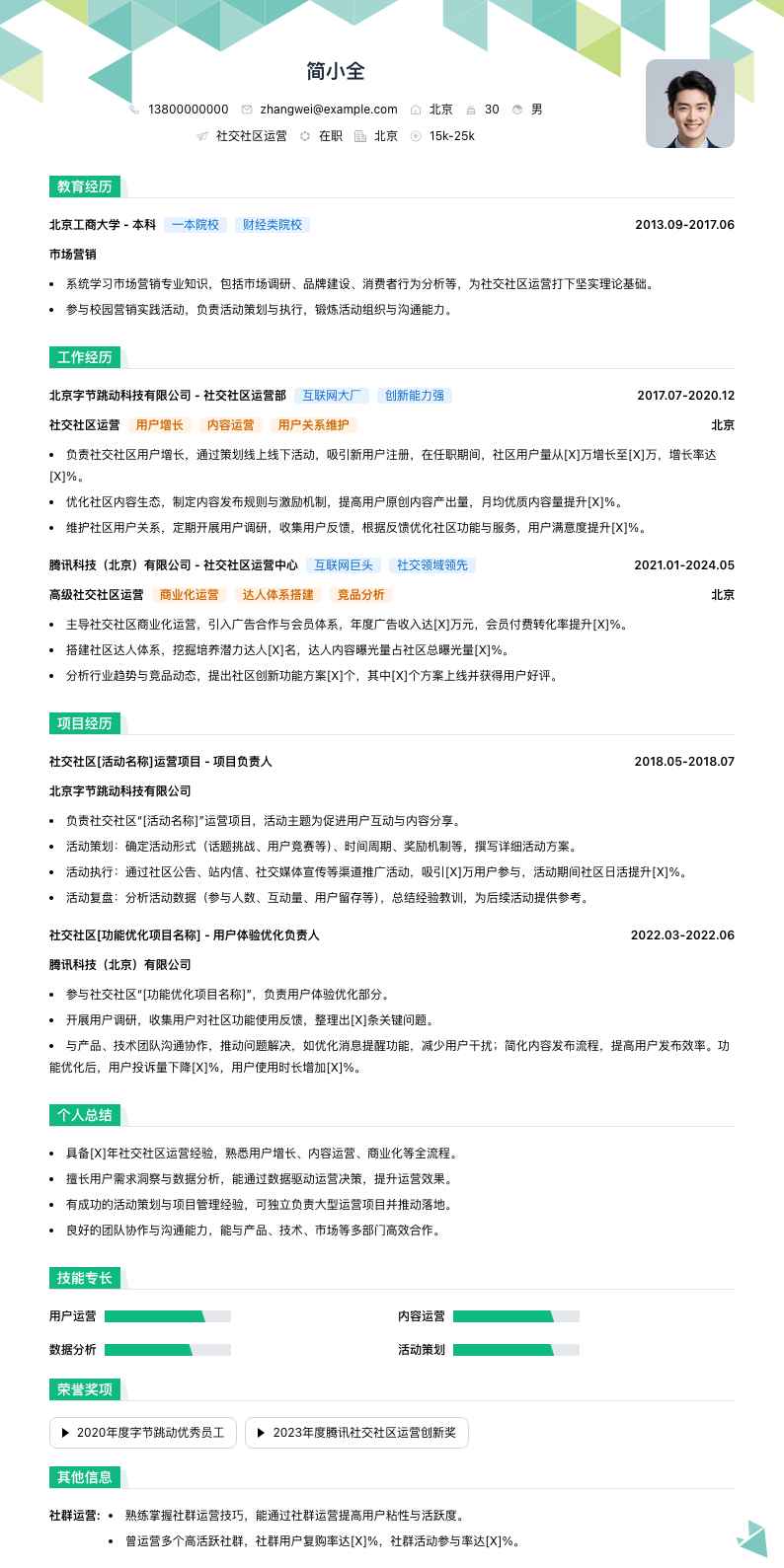 社交社区运营简历模板