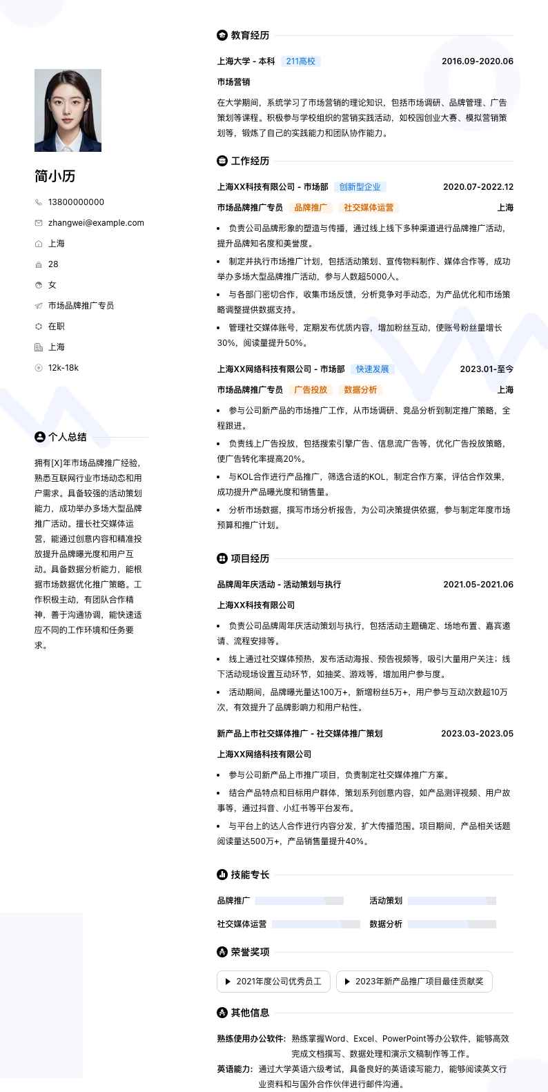 市场品牌推广专员简历模板