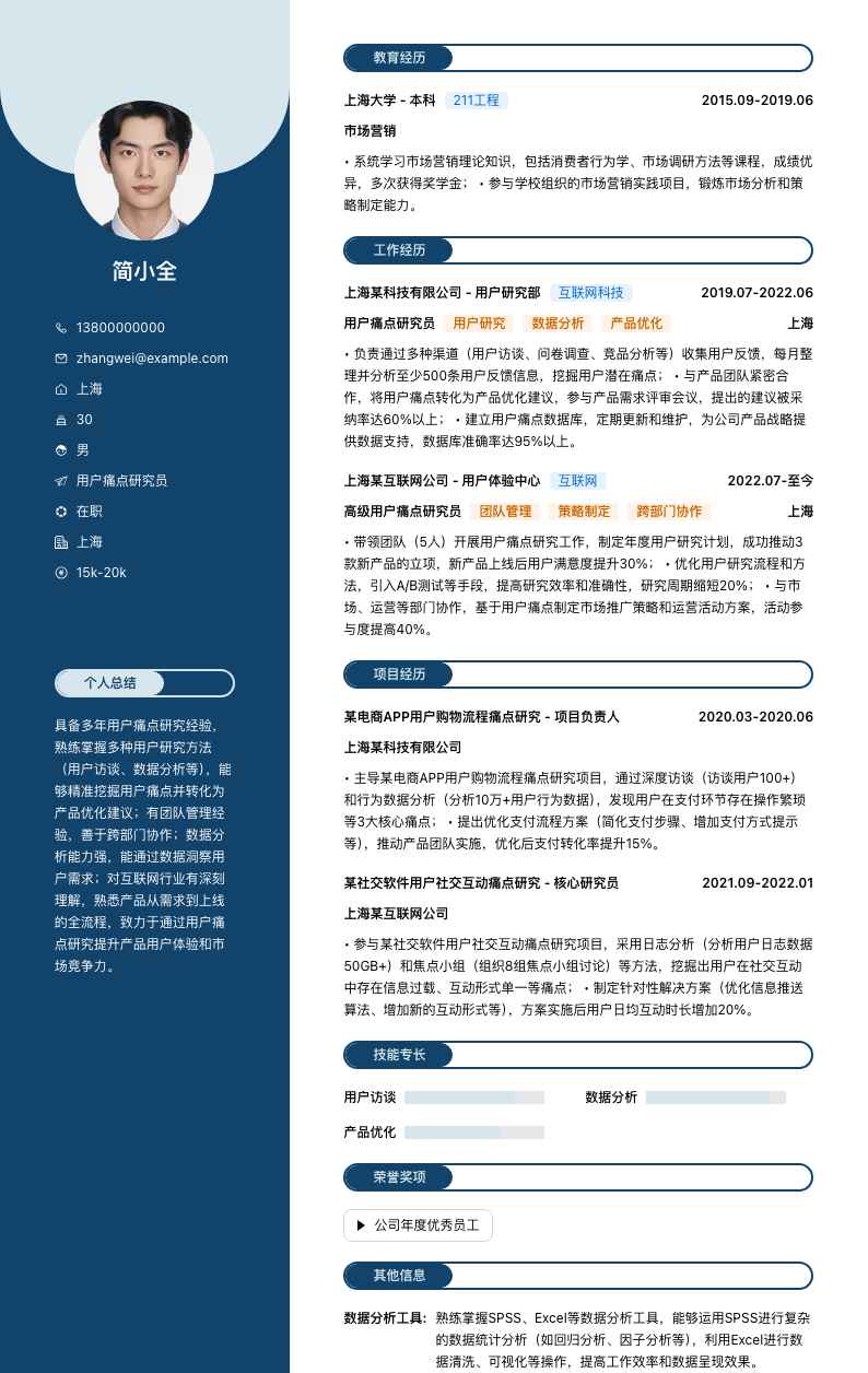 用户痛点研究员简历模板