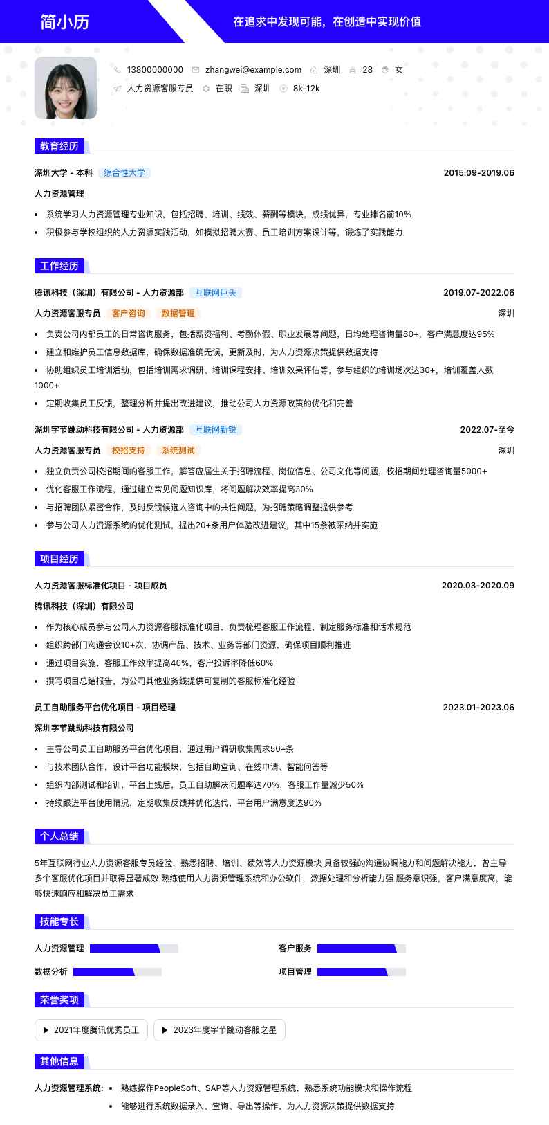 人力资源客服专员简历模板