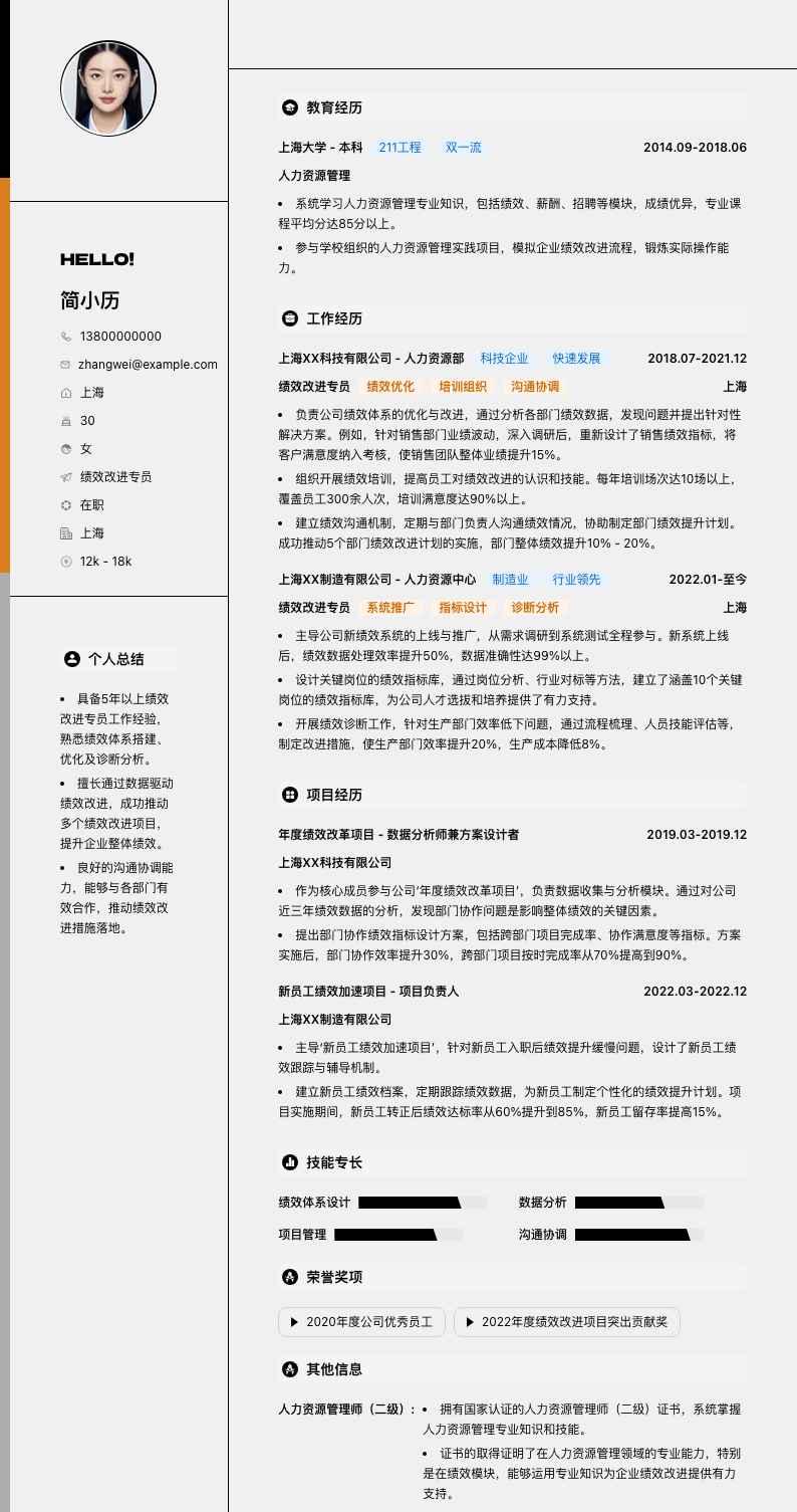 绩效改进专员简历模板