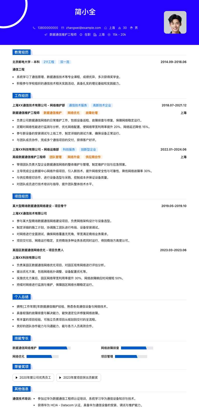 数据通信维护工程师简历模板