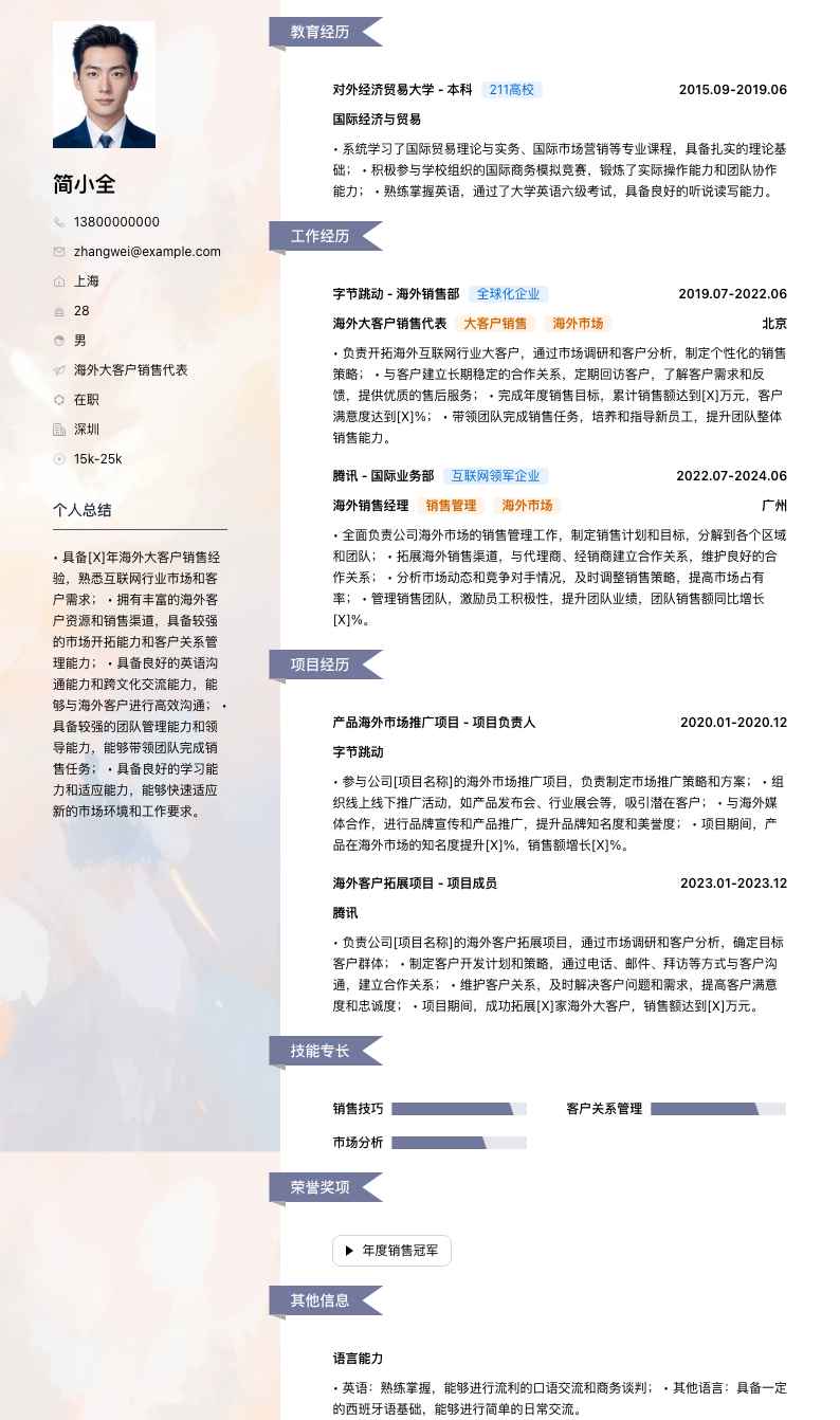 海外大客户销售代表简历模板
