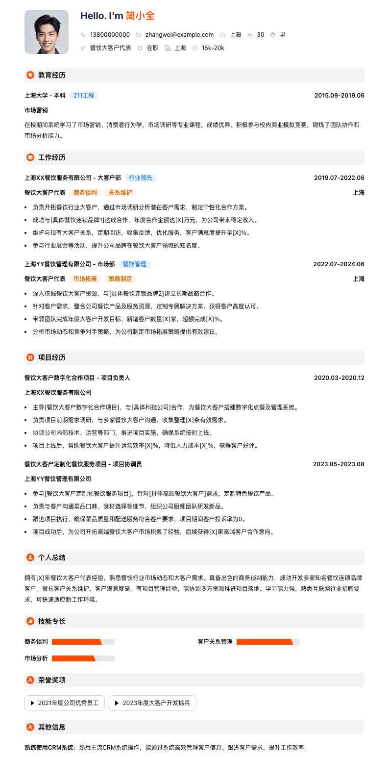 餐饮大客户代表简历模板