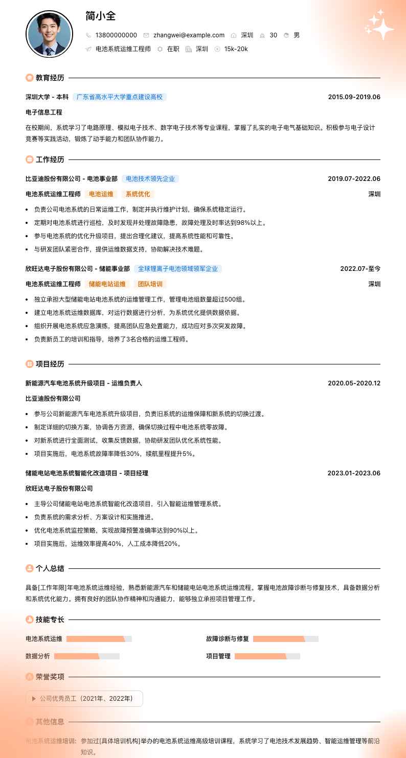 电池系统运维工程师简历模板