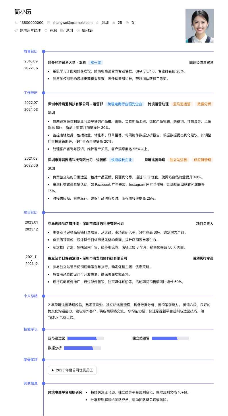 跨境运营助理简历模板