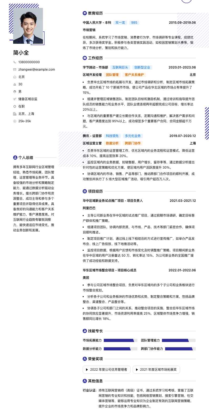 储备区域总监简历模板