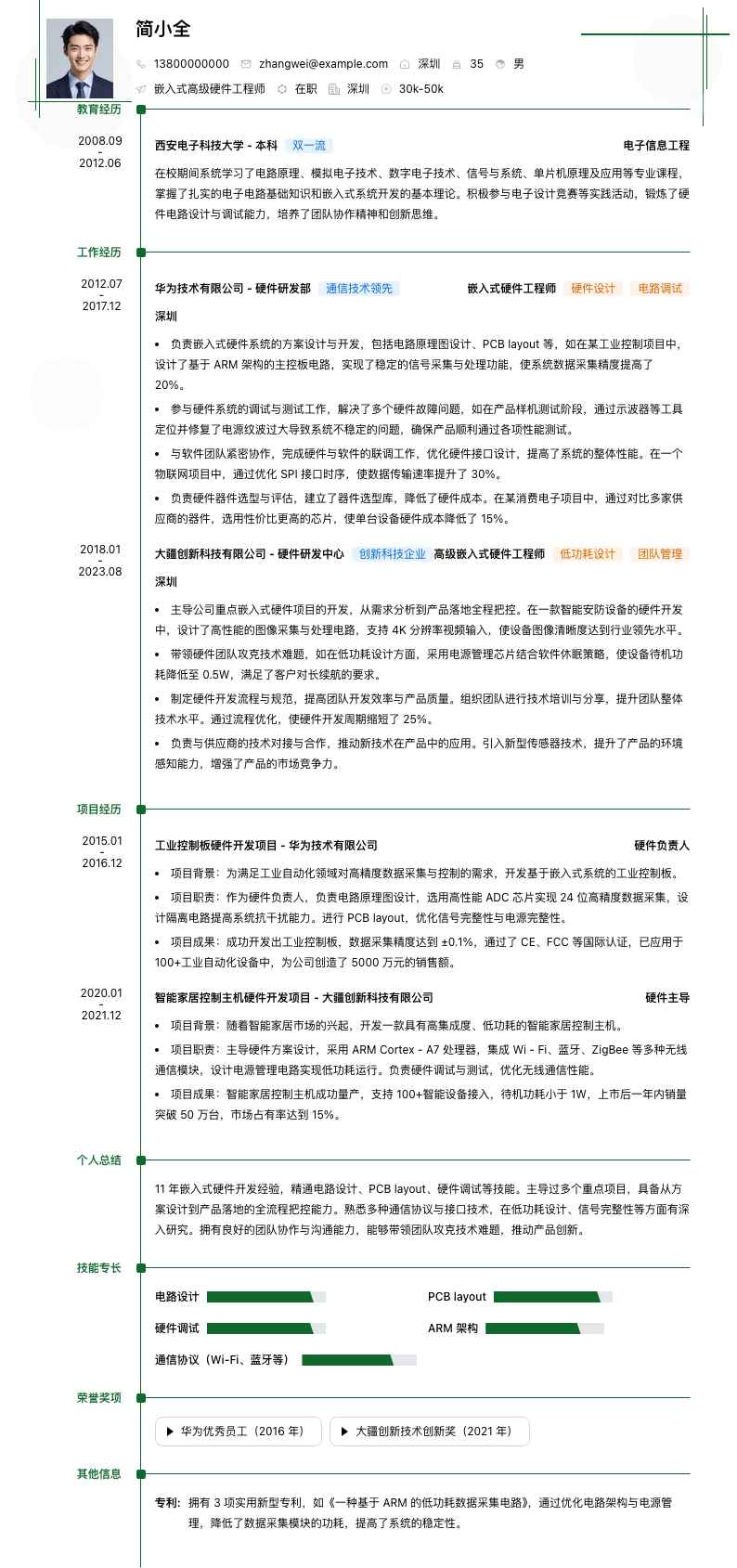 嵌入式高级硬件工程师简历模板