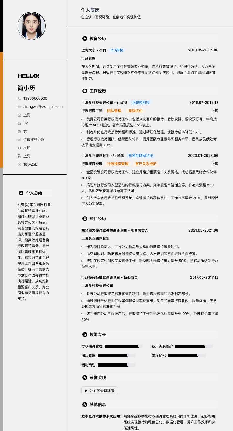 行政接待经理简历模板