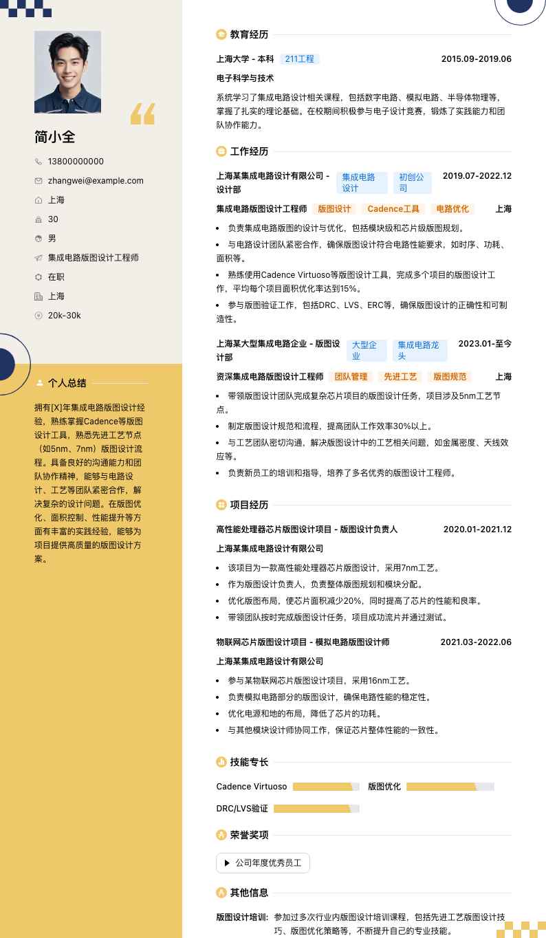 集成电路版图设计工程师简历模板