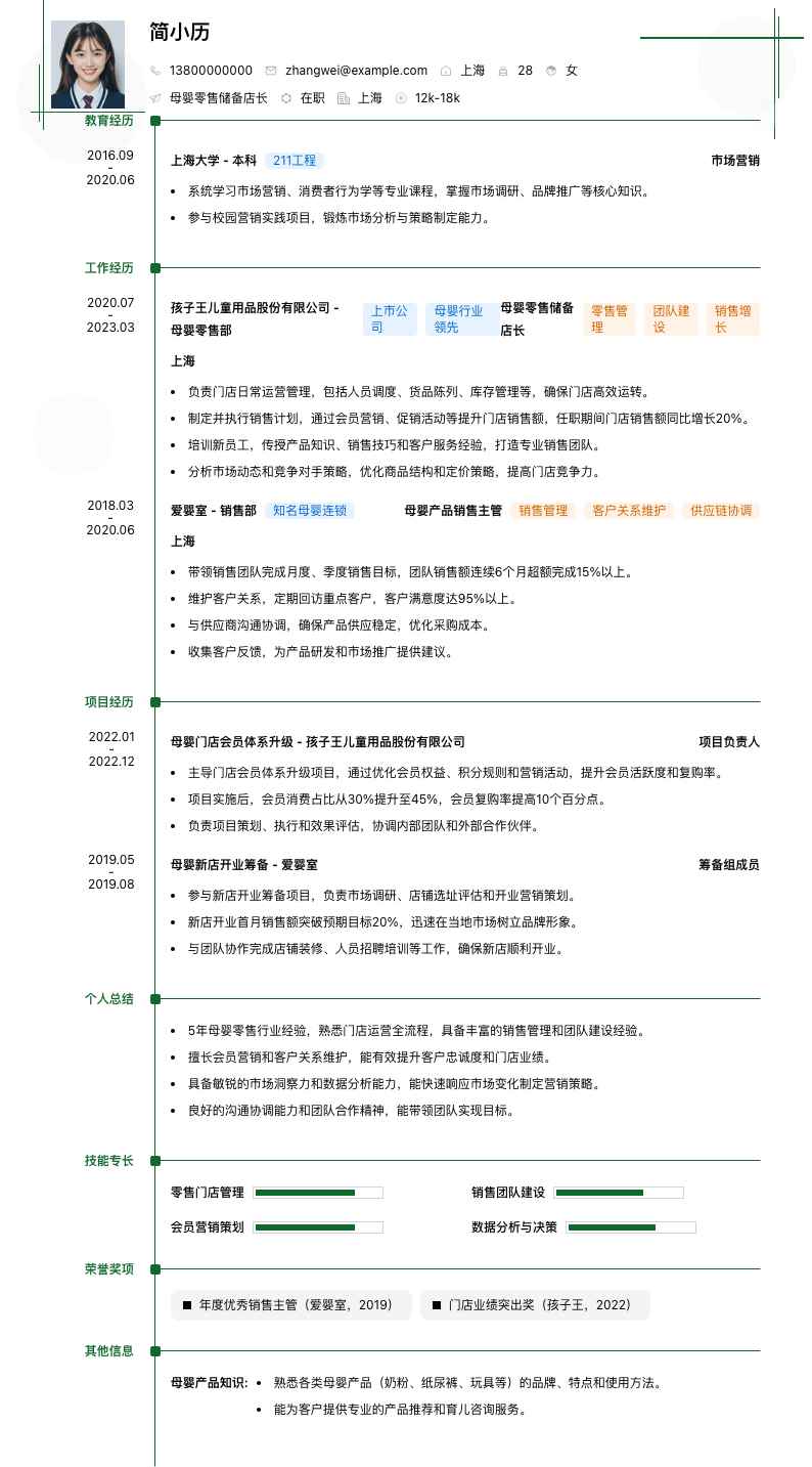 母婴零售储备店长简历模板