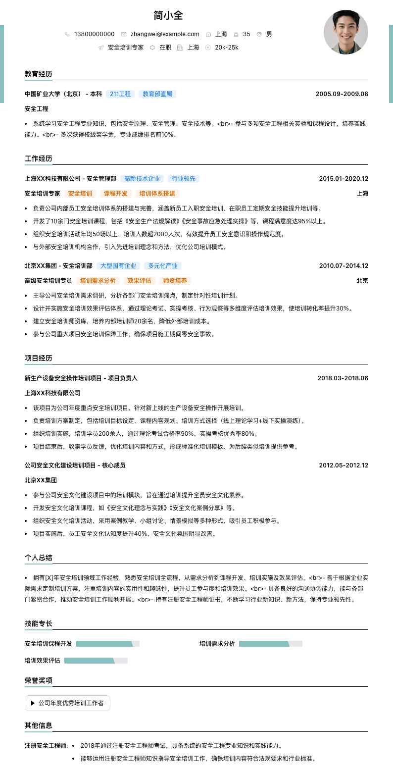 安全培训专家简历模板
