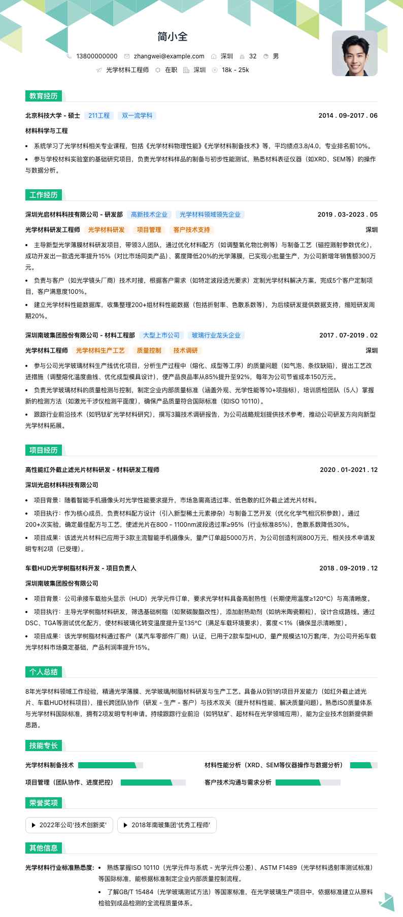 光学材料工程师简历模板