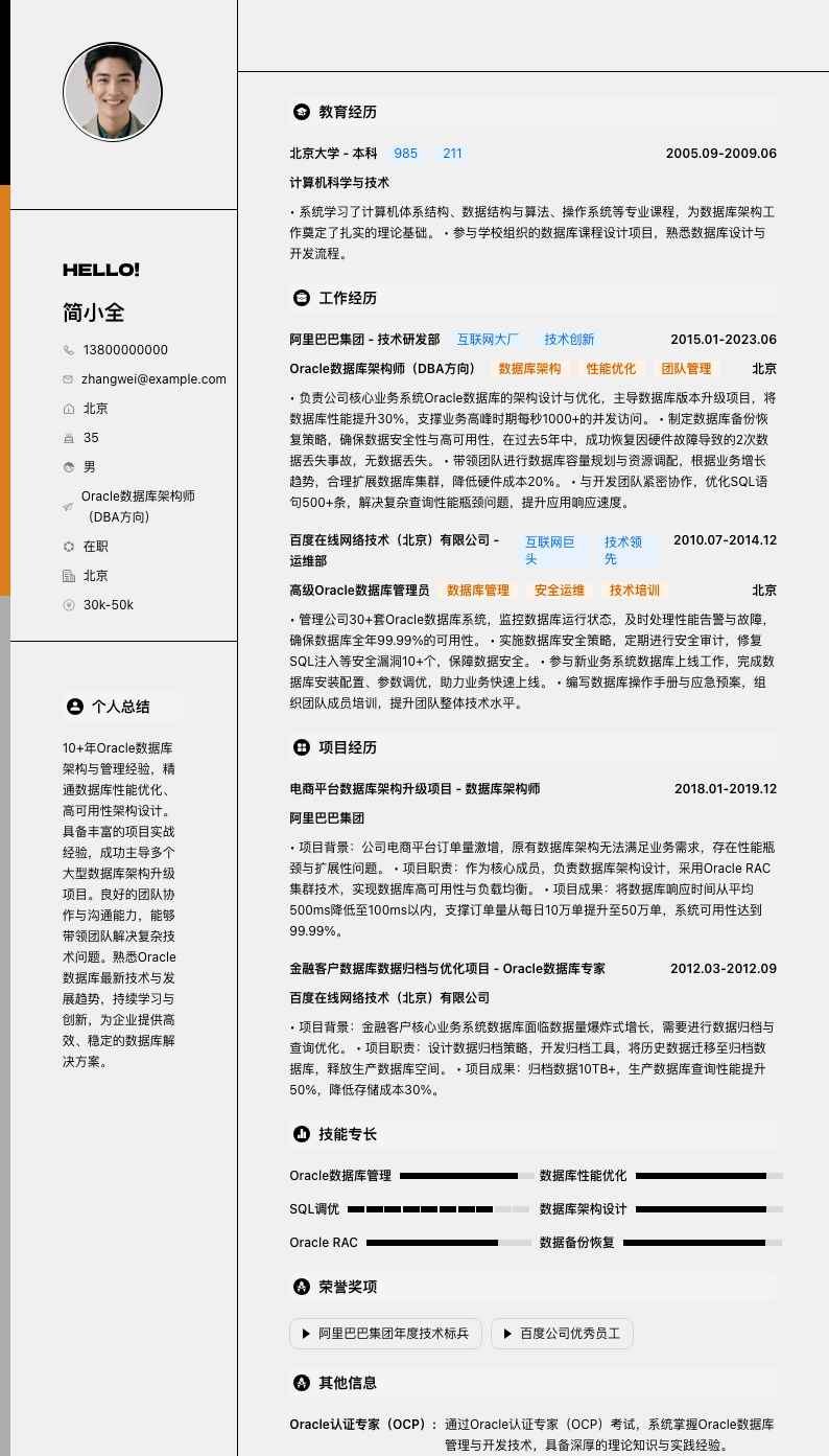 Oracle数据库架构师（DBA方向）简历模板