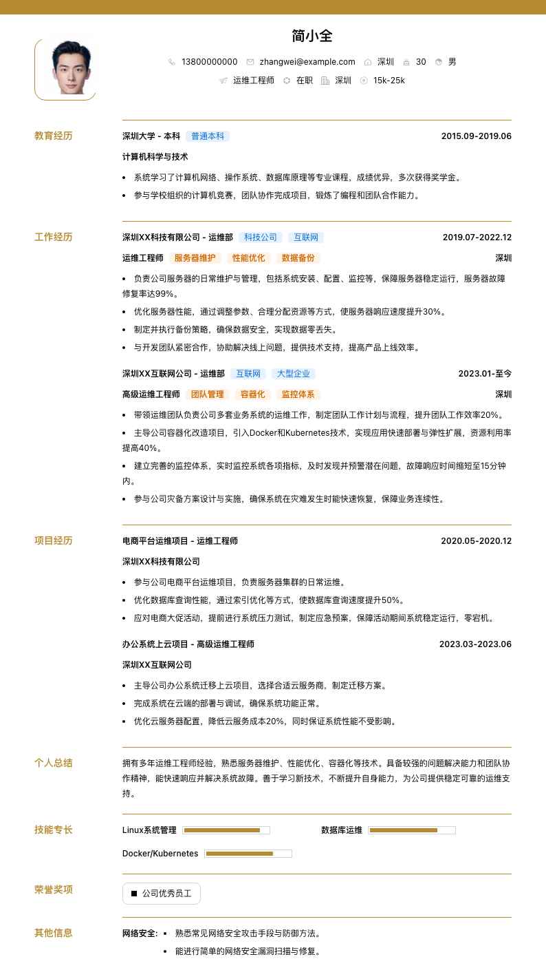 运维工程师简历模板