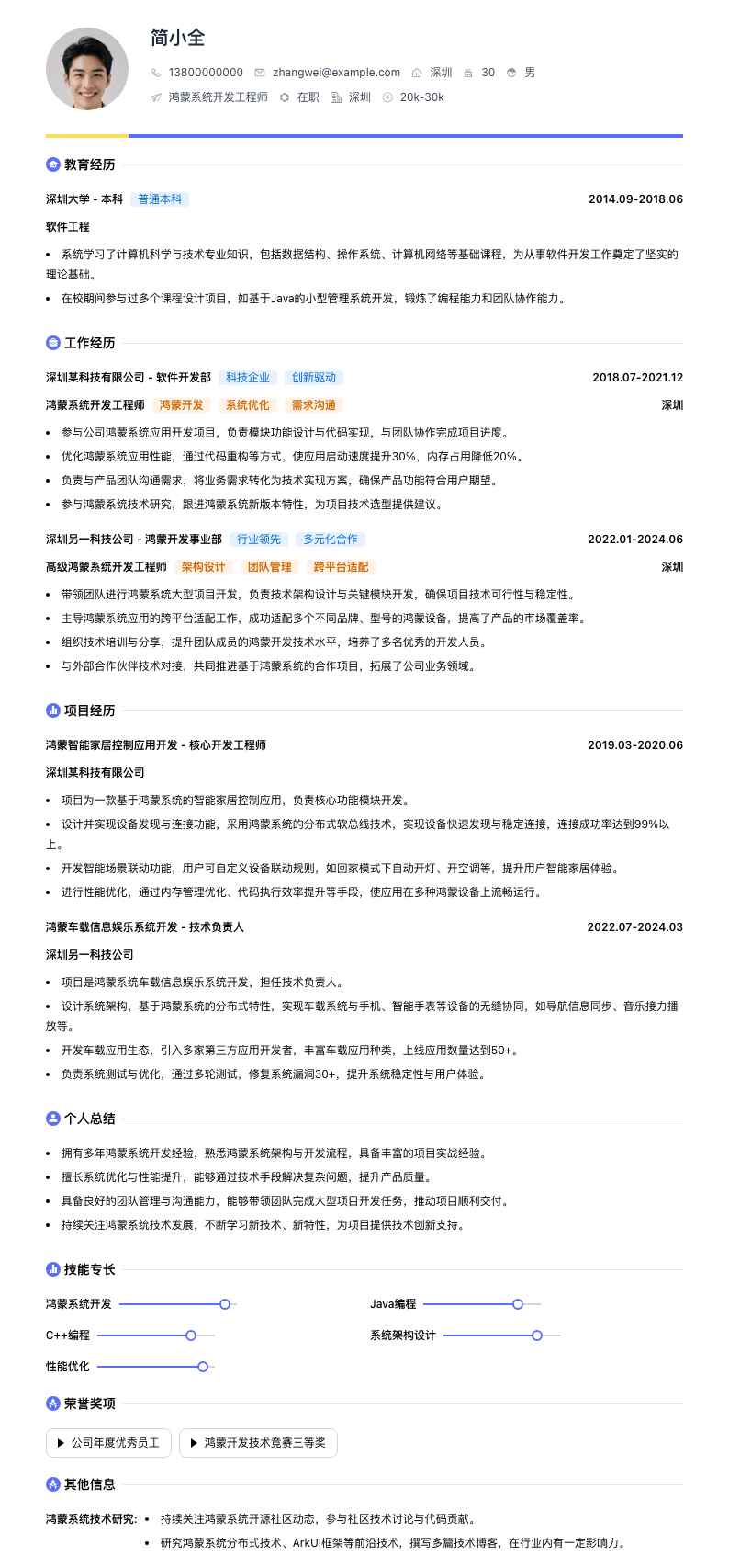 鸿蒙系统开发工程师简历模板