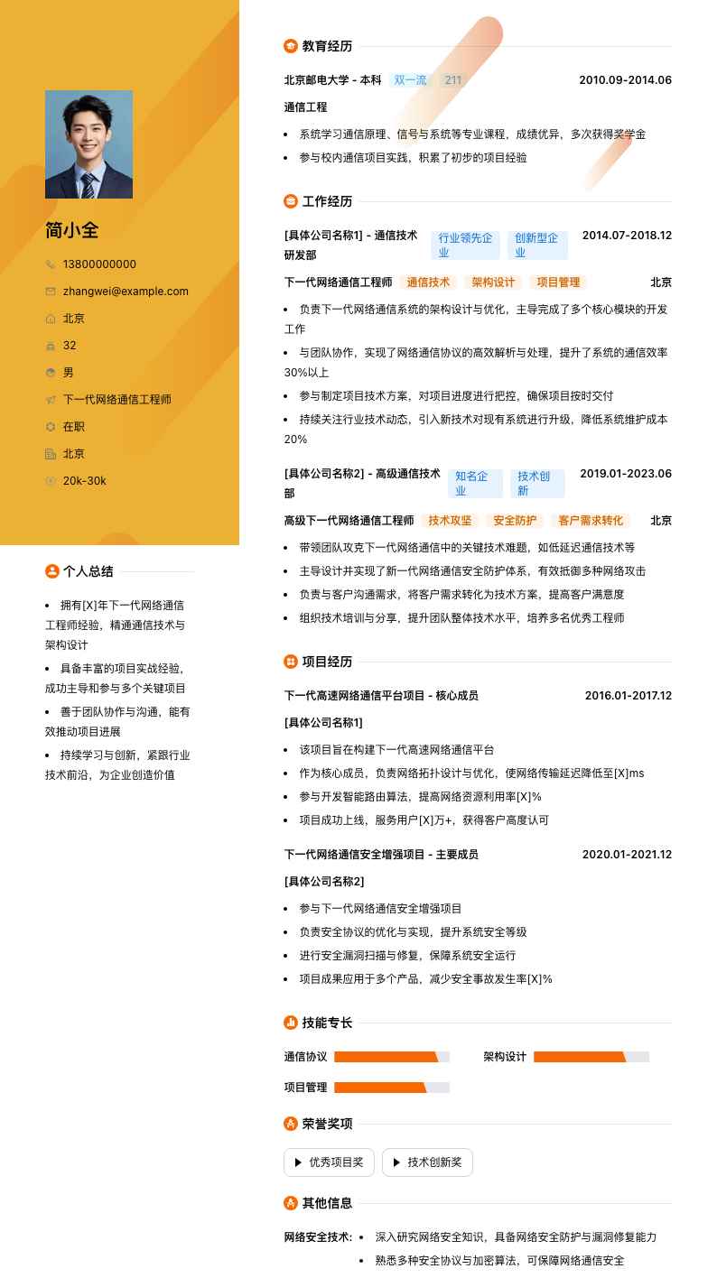 下一代网络通信工程师简历模板