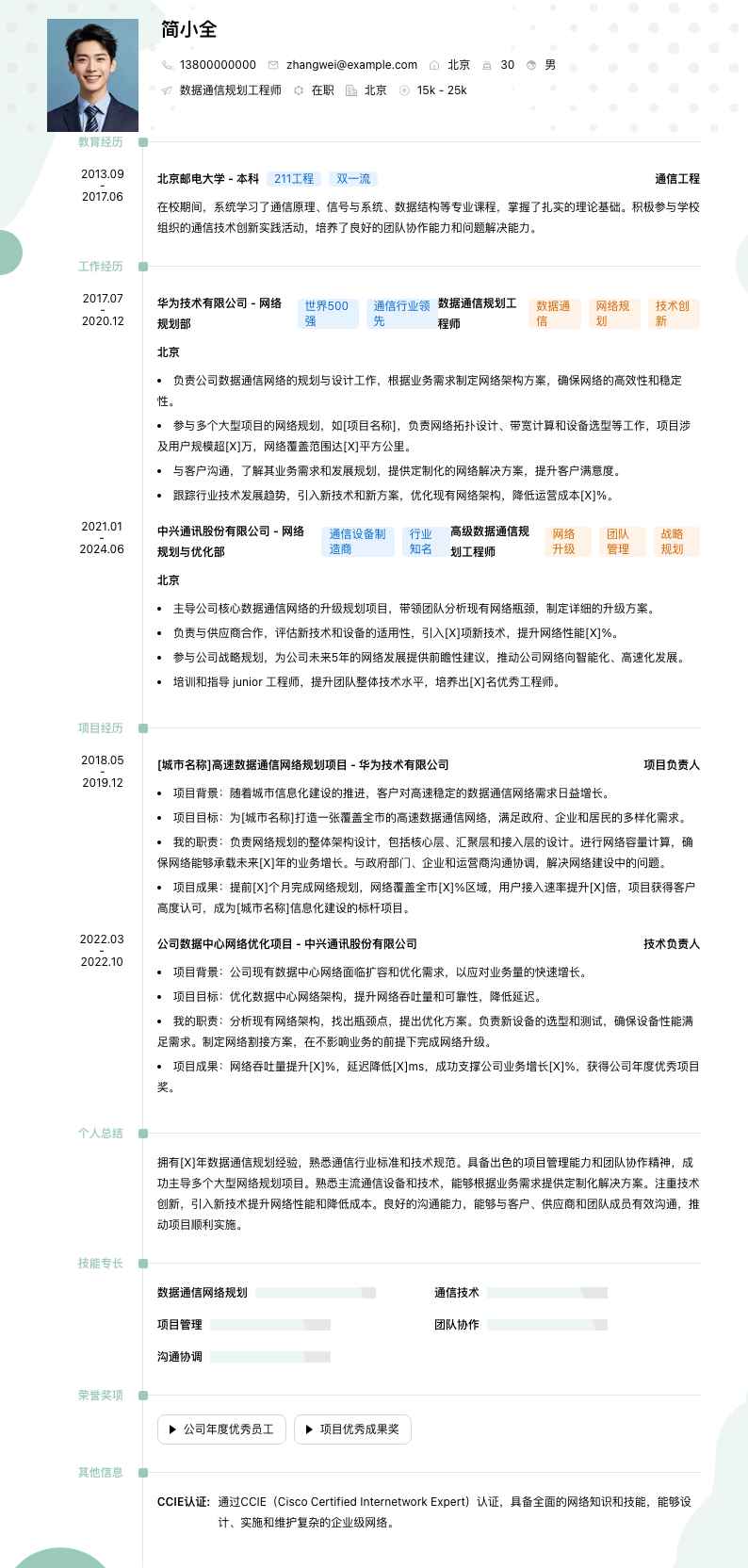 数据通信规划工程师简历模板