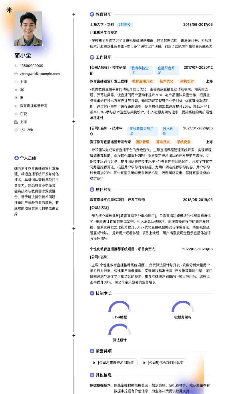 教育直播运营简历模板
