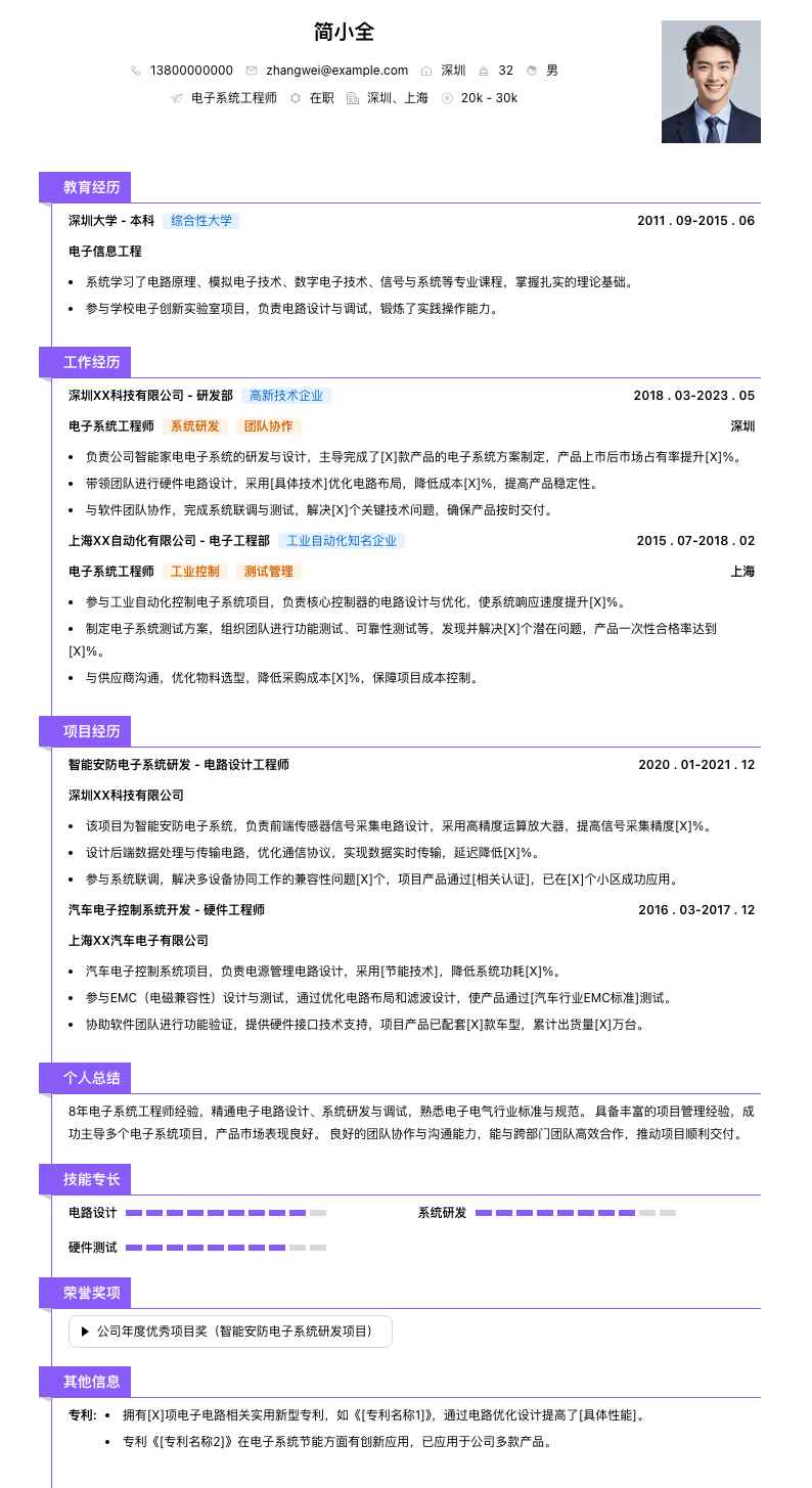 电子系统工程师简历模板
