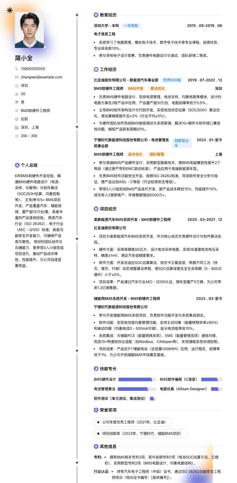 bms软硬件工程师简历模板