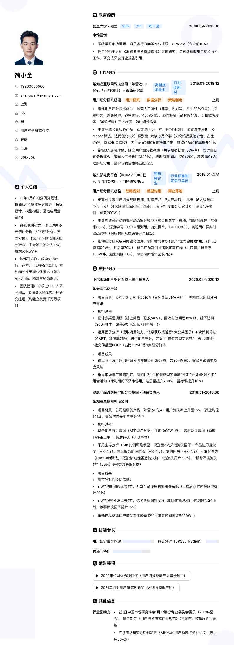 用户细分研究总监简历模板