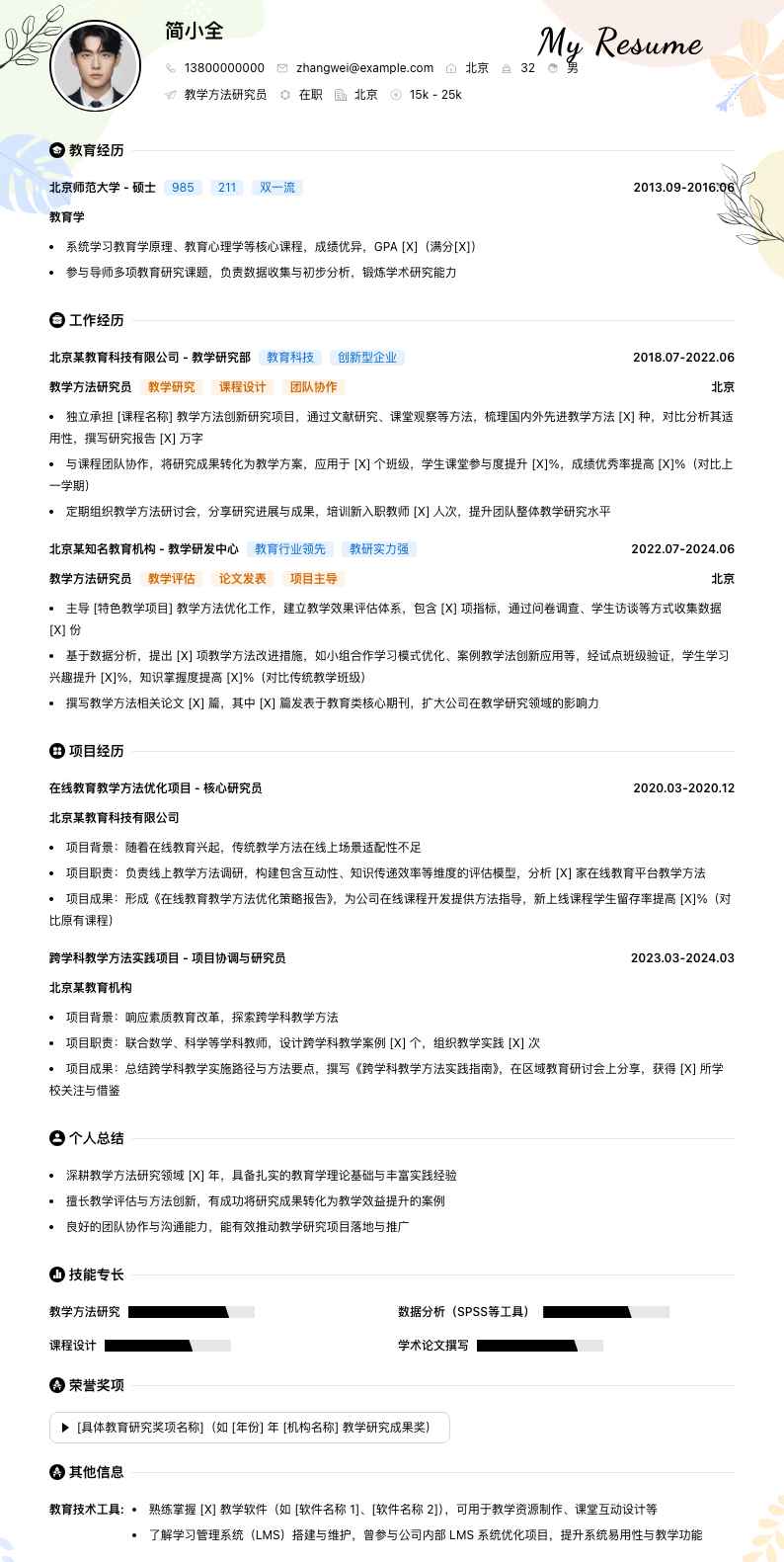 教学方法研究员简历模板