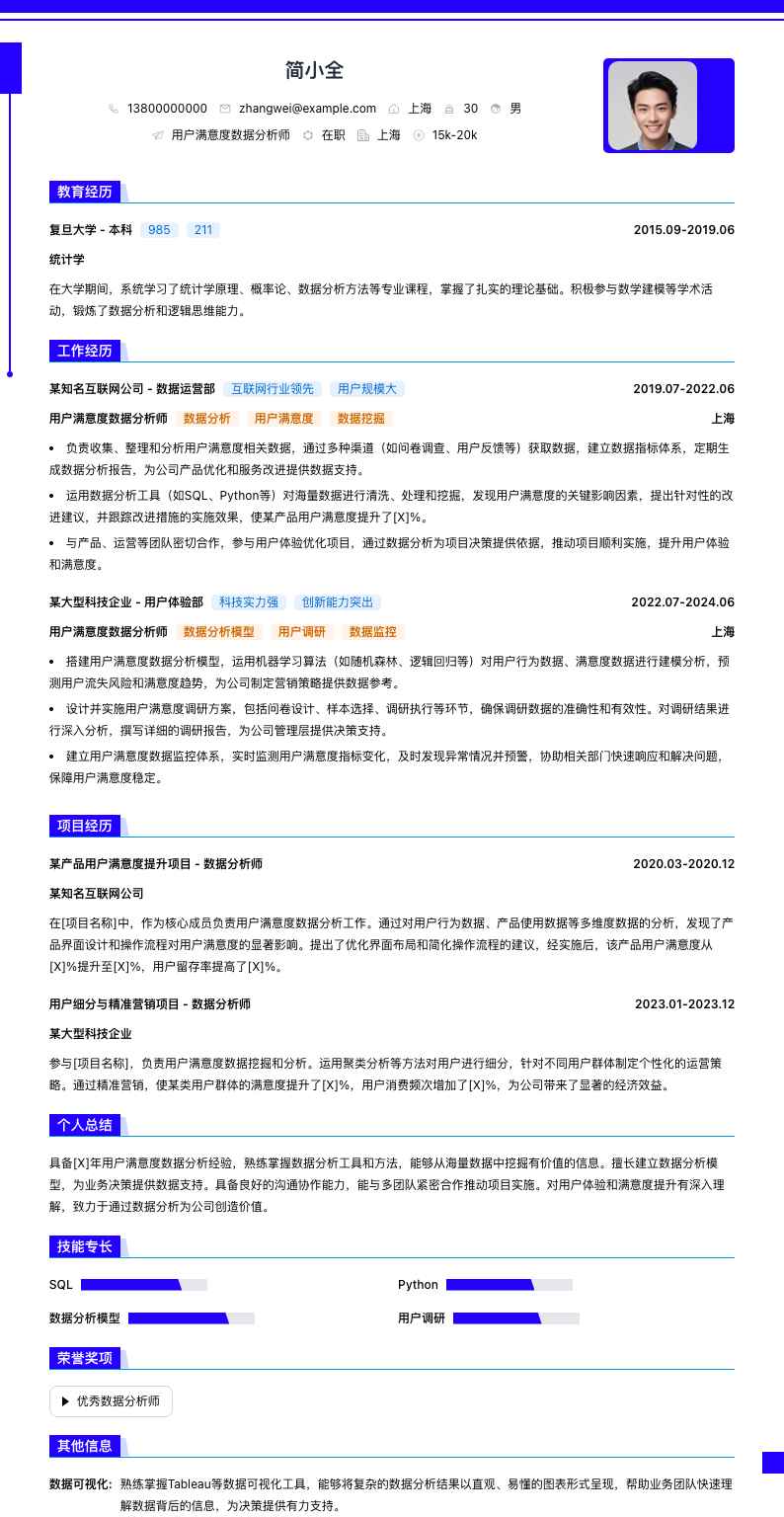 用户满意度数据分析师简历模板