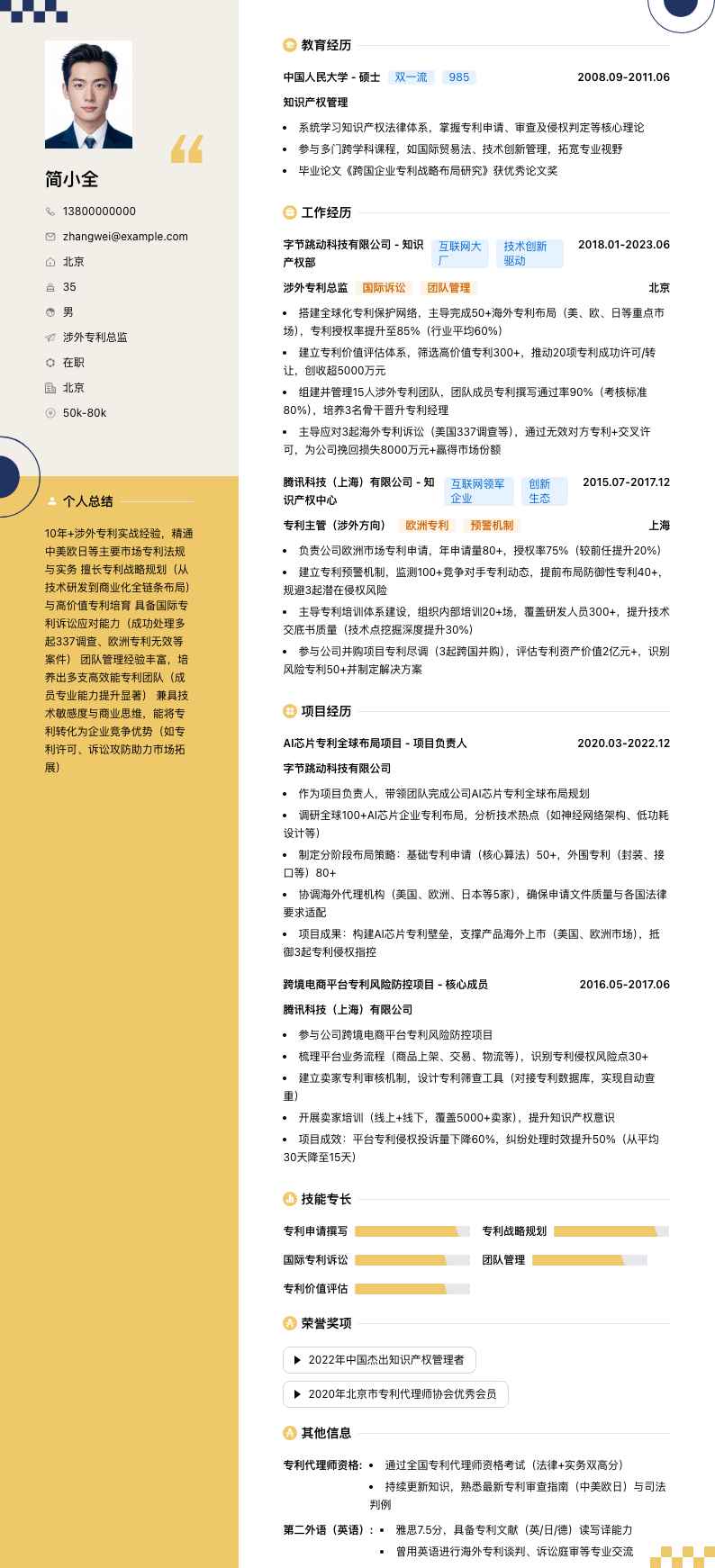 涉外专利总监简历模板