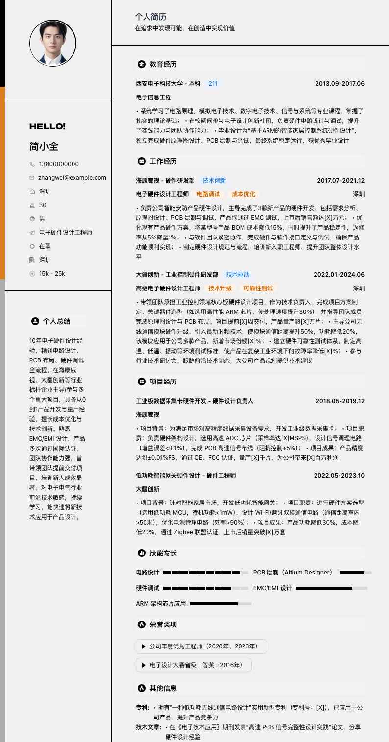 电子硬件设计工程师简历模板