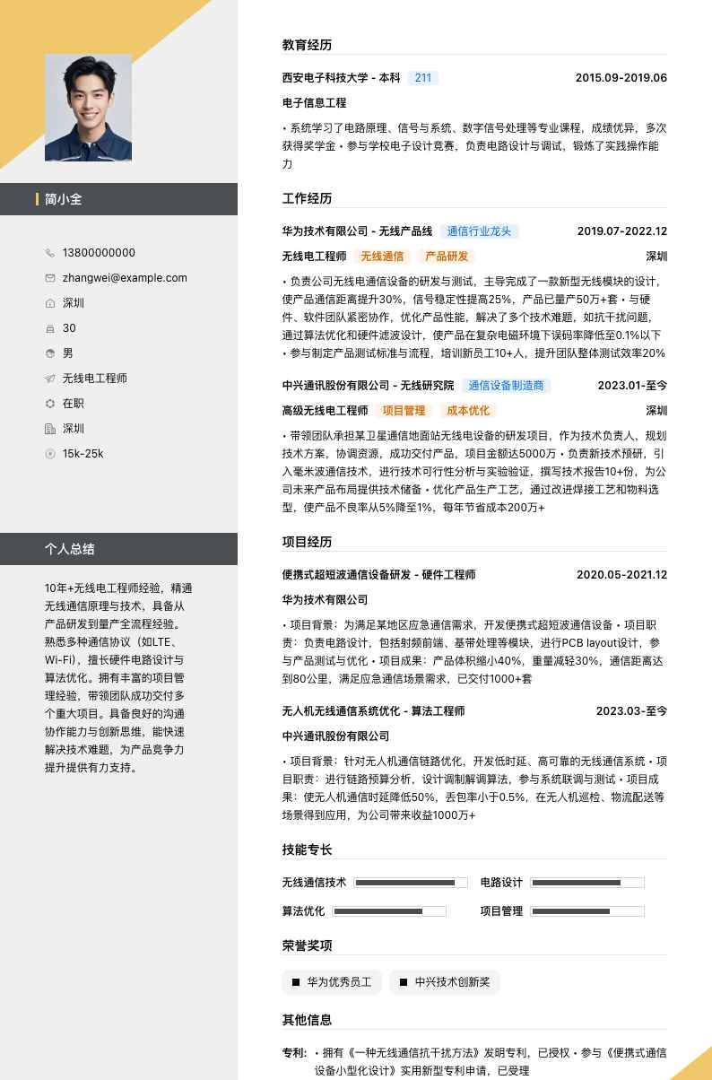 无线电工程师简历模板