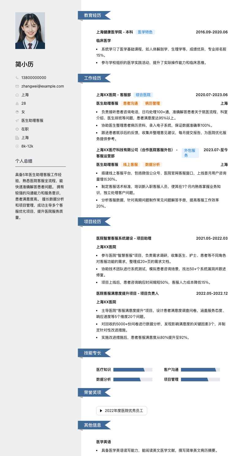 医生助理客服简历模板