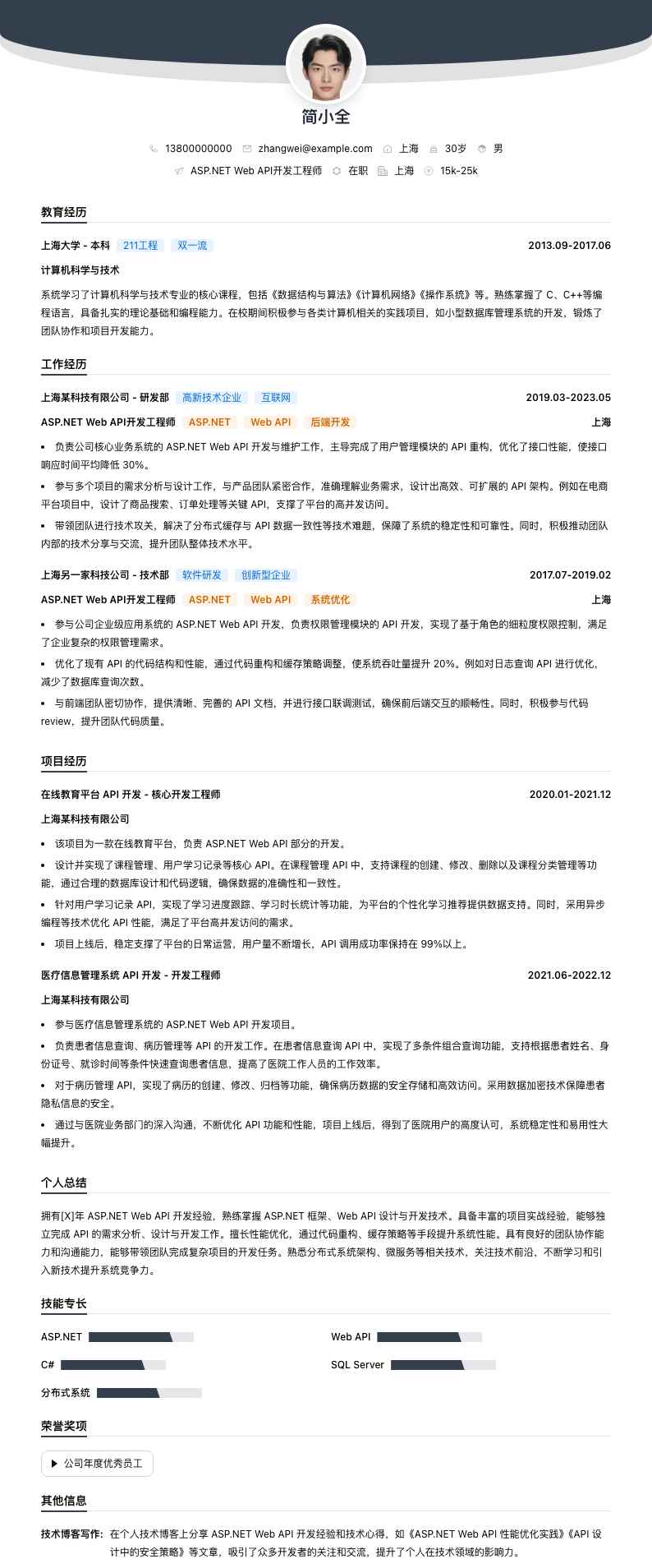 ASP.NET Web API开发工程师简历模板
