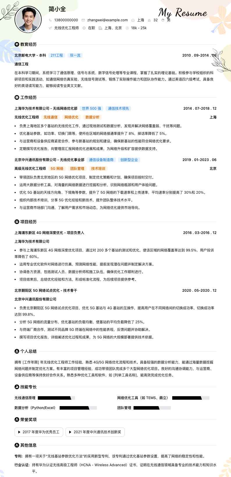 无线优化工程师简历模板