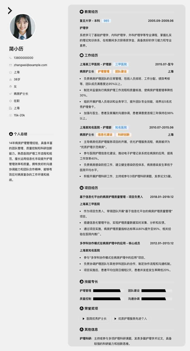 病房护士长简历模板