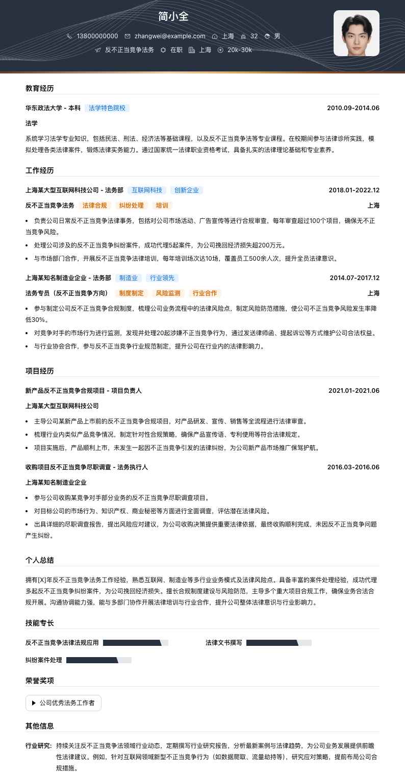 反不正当竞争法务简历模板