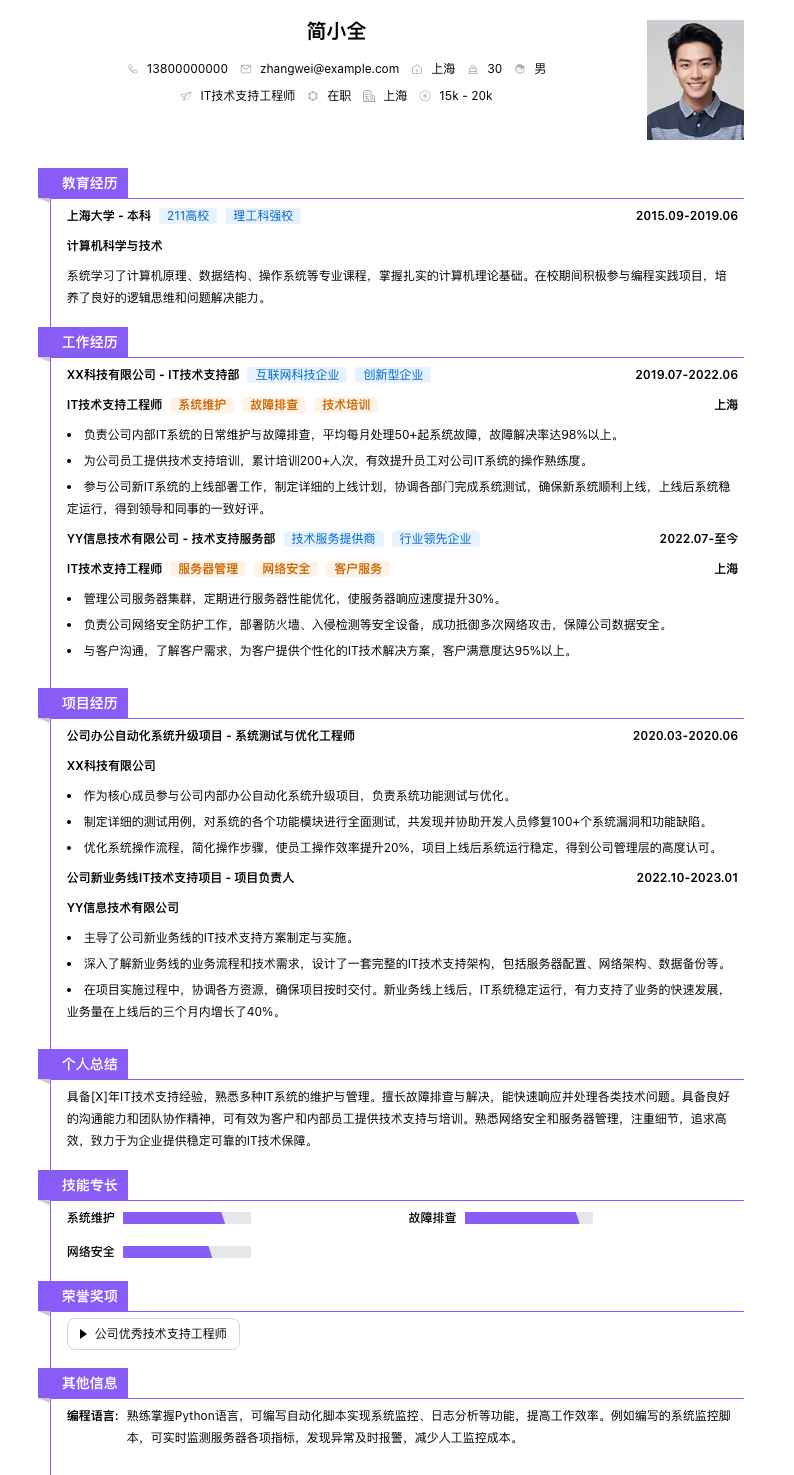 IT 技术支持工程师简历模板