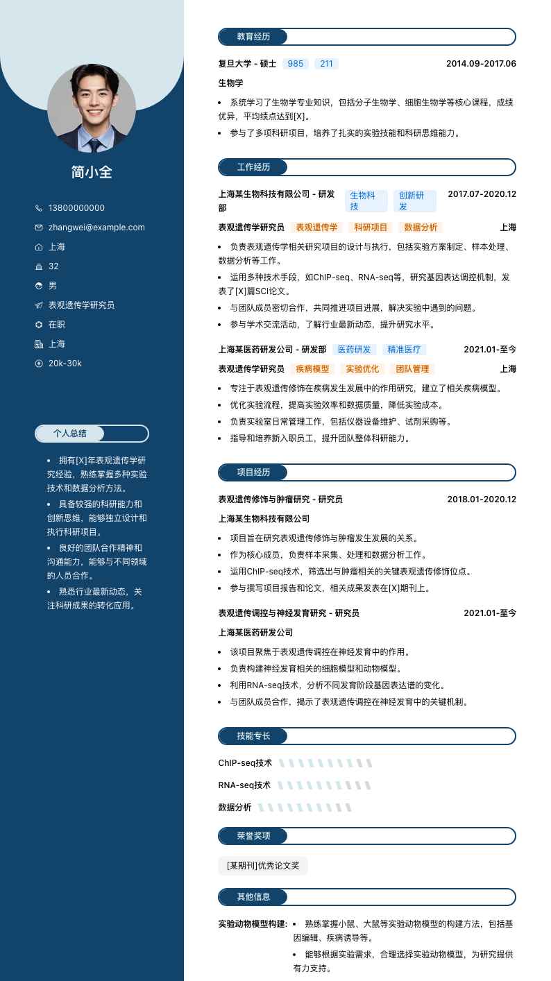 表观遗传学研究员简历模板