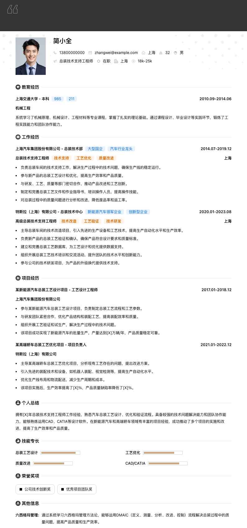 总装技术支持工程师简历模板
