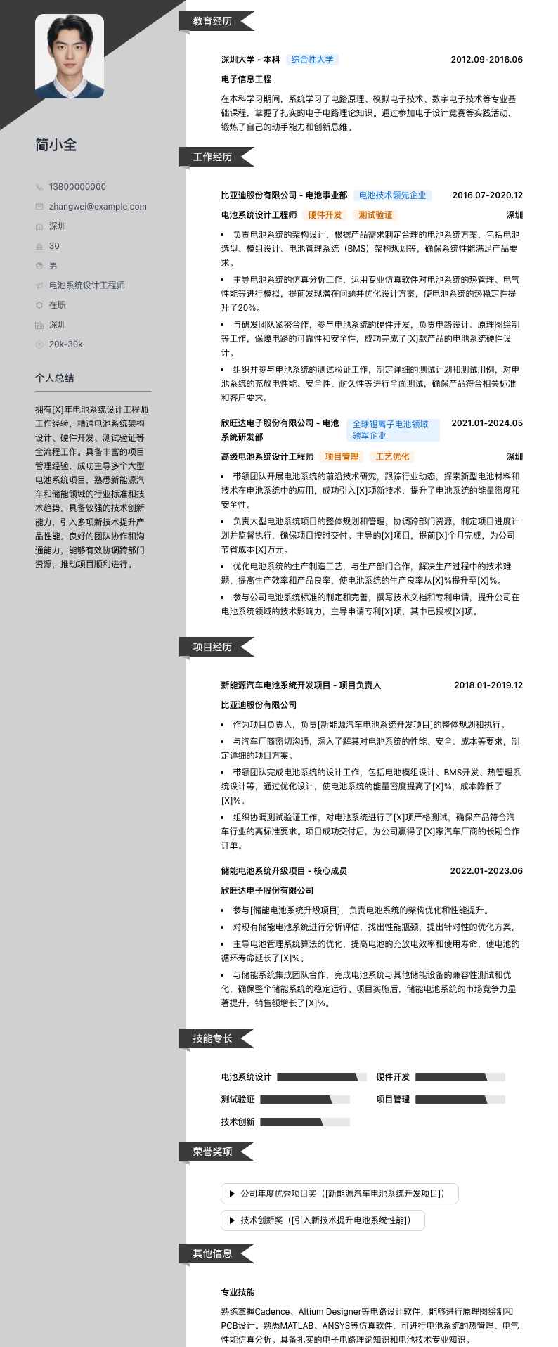 电池系统设计工程师简历模板