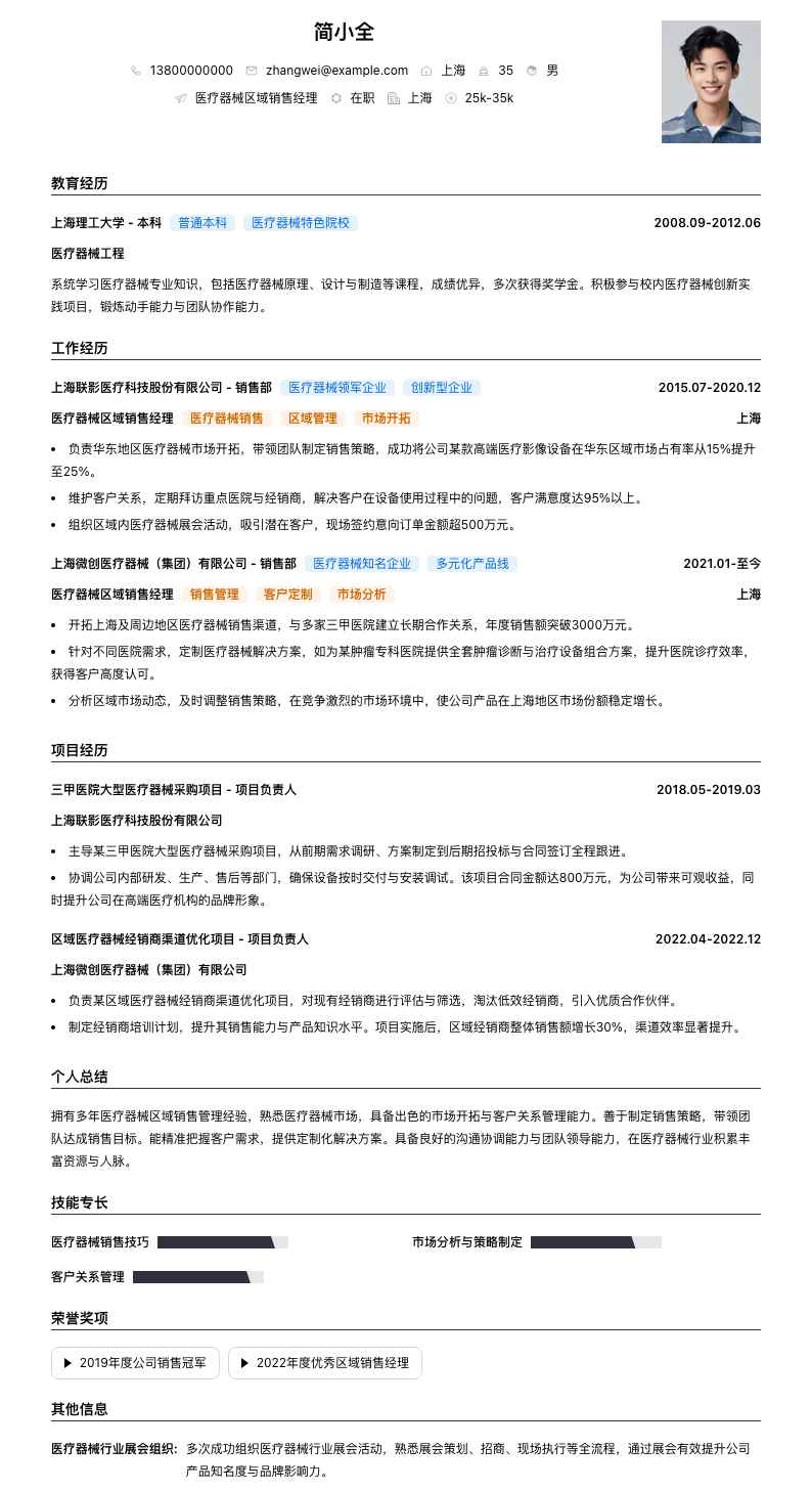 医疗器械区域销售经理简历模板