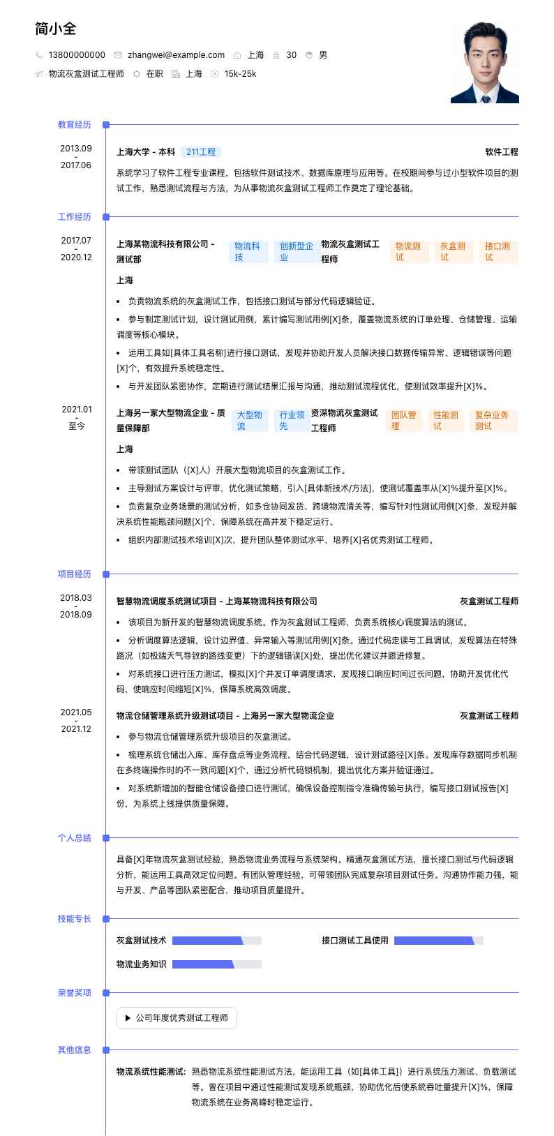 物流灰盒测试工程师简历模板