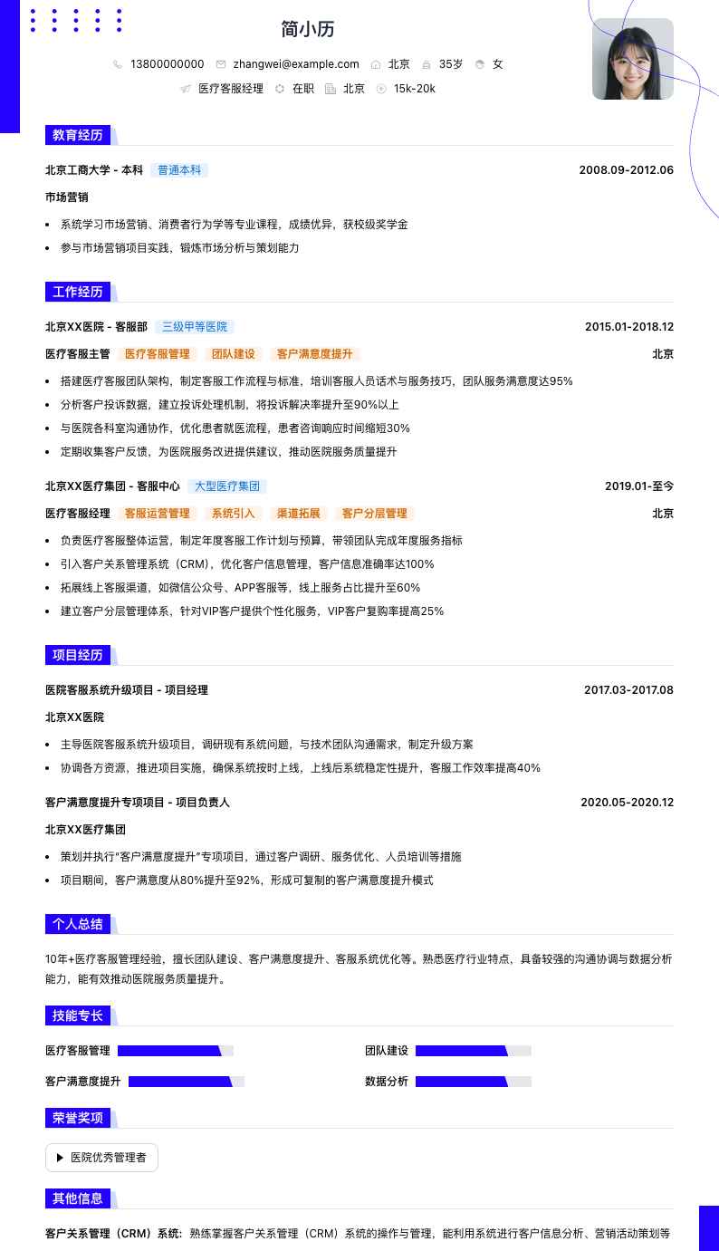 医疗客服经理简历模板