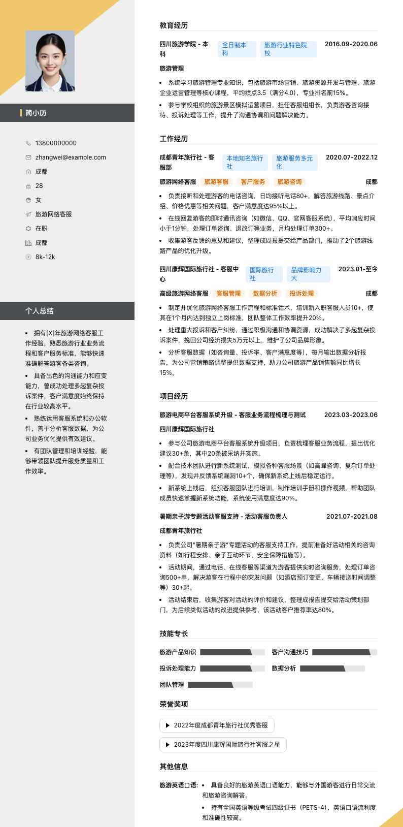 旅游网络客服简历模板